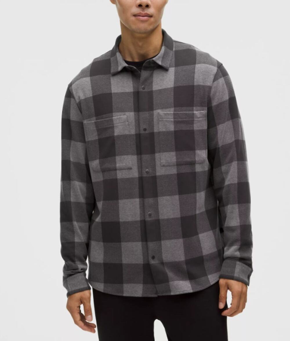 Lululemon Men's Soft Knit Overshirt Check Plaid Black Grey Heathered Sz XL